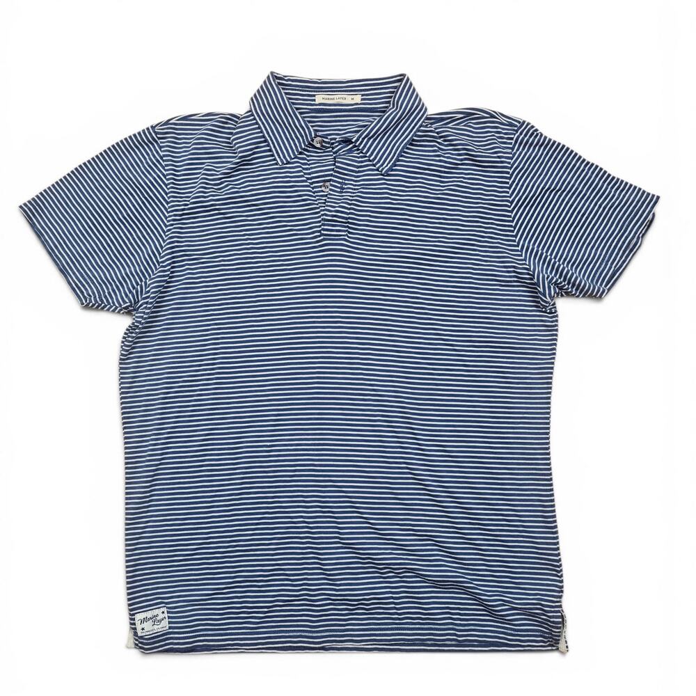 MARINE LAYER Polo Shirt Men's M Blue Striped Preppy Coastal Minimalist Casual